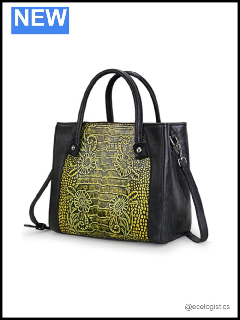 Vintage Embossed Leather Satchel Handbag Crossbody Adjustable Strap